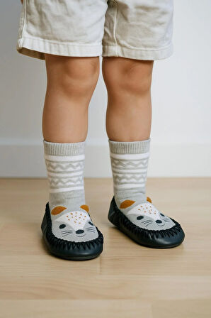 Çocuk Kedi Desenli Makosen Soket Çorap Patik Panduf – Kaydırmaz Ev & Anaokulu Ayakkabısı Gri