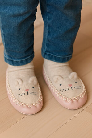 Çocuk Makosen Soket Çorap Patik Panduf – Kaydırmaz Ev & Anaokulu Ayakkabısı Ekru