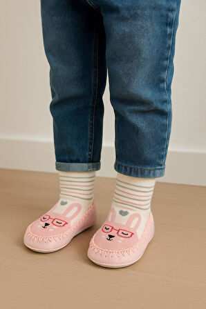 Çocuk Gözlüklü Tavşan Desenli Makosen Soket Çorap Patik Panduf – Kaydırmaz Ev & Anaokulu Ayakkabısı Pembe