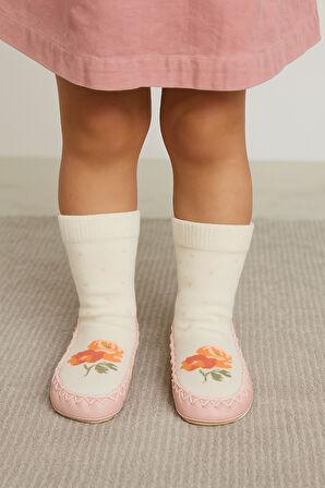 Çocuk Gül Desenli Makosen Soket Çorap Patik Panduf – Kaydırmaz Ev & Anaokulu Ayakkabısı Pembe