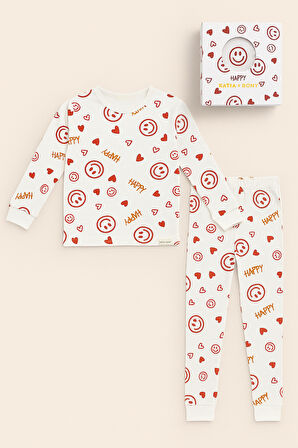 Kız Çocuk Gülen Yüz Desenli Kutulu Pijama Takımı Ekru