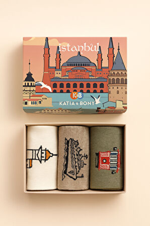 Özel İstanbul Koleksiyonu Kutulu 3'lü Şehir Serisi Unisex Çorap Seti 