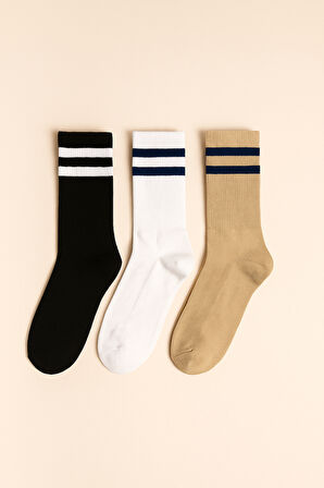 Unisex Çizgi Desenli Soket Çorap Kahverengi Mix