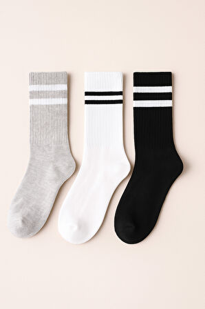 Unisex Çizgi Desenli Soket Çorap Gri Mix