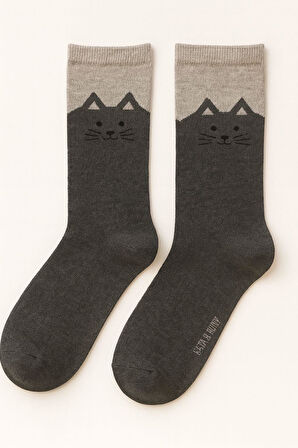 Kadın Kedi Desenli Soket Çorap Gri