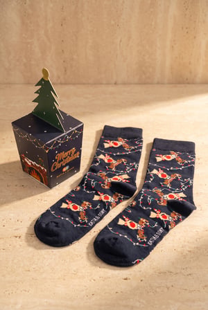 Unisex Marry Christmas Kutulu Geyik Desenli Soket Yılbaşı Çorabı