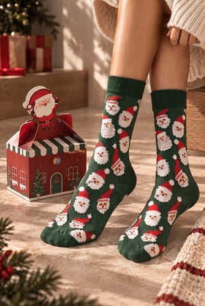 Unisex Noel Baba Kutulu Pamuklu Soket Yılbaşı Çorabı Yeşil