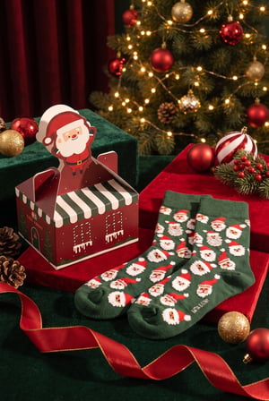Unisex Noel Baba Kutulu Pamuklu Soket Yılbaşı Çorabı Yeşil
