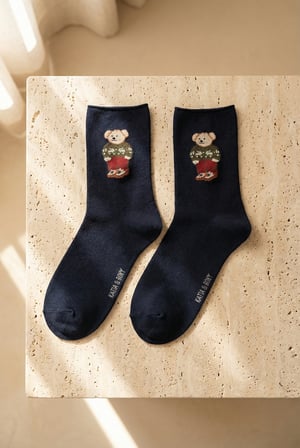 Kadın Teddy Desenli Lastiksiz Modal Soket Çorap Koyu Lacivert