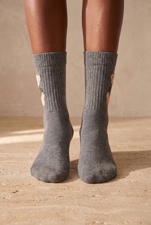 Unisex Teddy Desenli Soket Çorap Gri