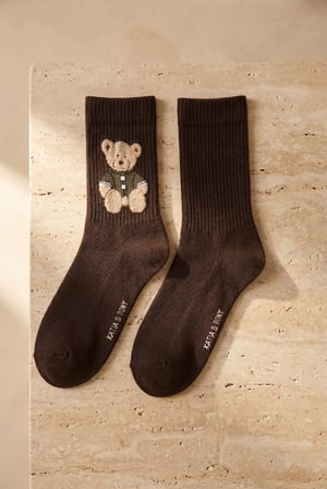 Unisex Teddy Desenli Soket Çorap Koyu Kahve