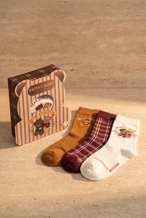 Unisex Bear Athletic Kutulu 3'lü Teddy Desenli Pamuklu Soket Çorap