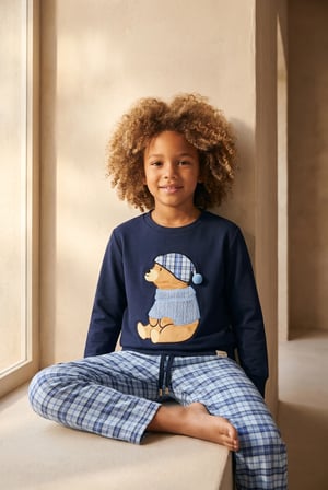 Erkek Çocuk Blue Harmony Teddy Desenli Ekoseli Lacivert Pijama Takımı