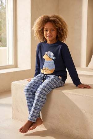 Erkek Çocuk Blue Harmony Teddy Desenli Ekoseli Lacivert Pijama Takımı