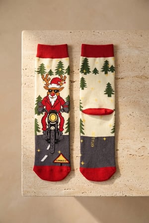 Unisex Biker Deer Yılbaşı Havlu Soket Çorap Gri Mix