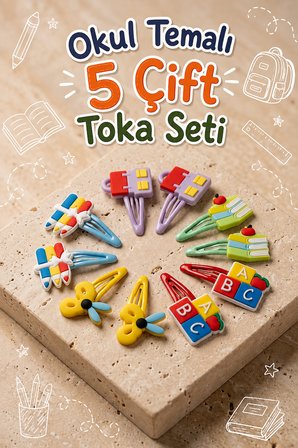 Kız Çocuk Okul Temalı 5 Çift Pens Toka Seti
