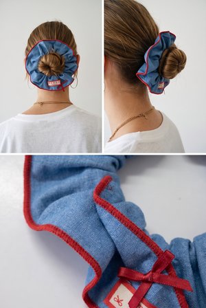 Mavi Denim Görünümlü Fiyonk Etiketli Lastik Topuz Tokası