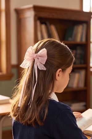 Taşlı Fiyonklu Boncuk Sallantılı Klips Toka Açık Pembe