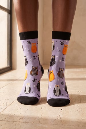 Unisex Halloween Temalı Baykuş Desenli Soket Çorap Lila