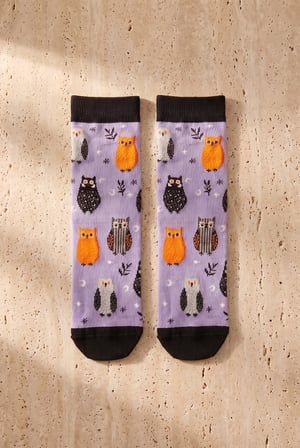 Unisex Halloween Temalı Baykuş Desenli Soket Çorap Lila