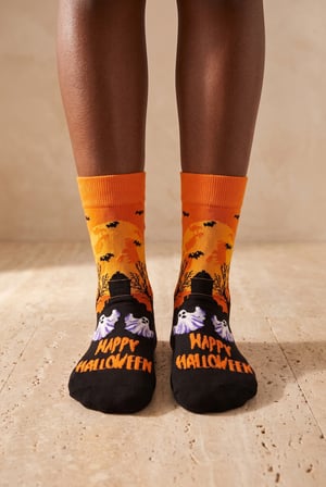 Unisex Happy Halloween Desenli Soket Çorap Turuncu