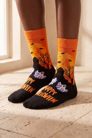 Unisex Happy Halloween Desenli Soket Çorap Turuncu