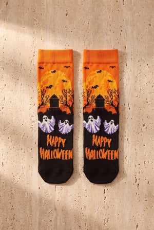 Unisex Happy Halloween Desenli Soket Çorap Turuncu