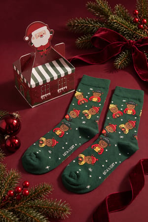 Unisex Noel Baba Kutulu Pamuklu Yeşil Yılbaşı Soket Çorabı
