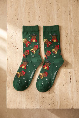 Unisex Noel Baba Kutulu Pamuklu Yeşil Yılbaşı Soket Çorabı