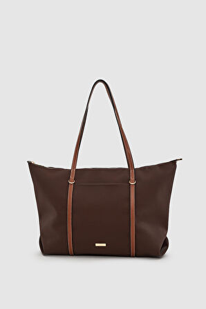 Velie Paraşüt Kumaş Şeritli Shopper Çanta Acı Kahve-Taba