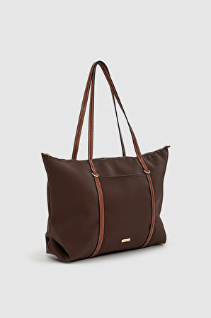 Velie Paraşüt Kumaş Şeritli Shopper Çanta Acı Kahve-Taba