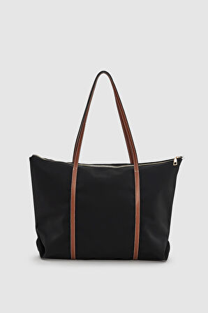 Velie Paraşüt Kumaş Şeritli Shopper Çanta Siyah-Taba