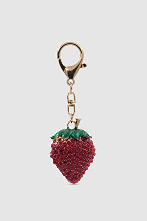 Lobster Klipsli Çıkarılabilir Anahtar Halkalı Taşlı Çilek Çanta Charmı Kırmızı