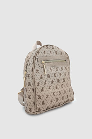 Synor Fermuarlı Dış Bölmeli Monogram Mini Sırt Çantası Vizon