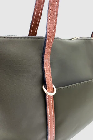 Velie Paraşüt Kumaş Şeritli Shopper Çanta Haki-Taba