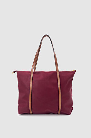 Velie Paraşüt Kumaş Şeritli Shopper Çanta Bordo-Taba
