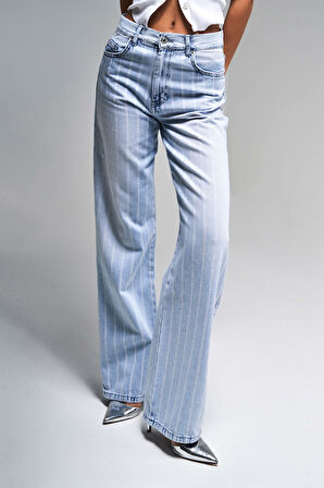 Kadın Kot Rengi 4s5-3 Çizgili Denim Kumaş %100 Koton Straıght Fit Yüksek Bel Denim Jean