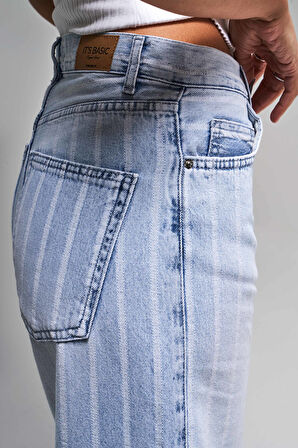 Kadın Kot Rengi 4s5-3 Çizgili Denim Kumaş %100 Koton Straıght Fit Yüksek Bel Denim Jean