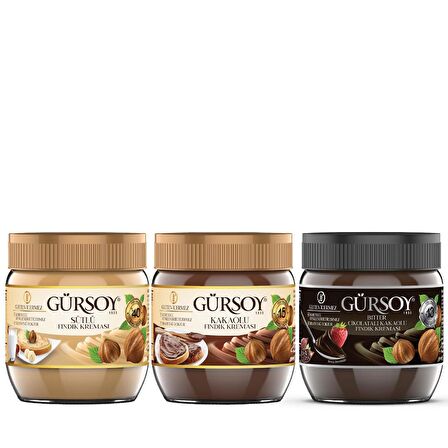 Gürsoy Sütlü Fındık Kreması 400g & Gürsoy Kakaolu Fındık Kreması 400g & Gürsoy Bitter Çikolatalı Kakaolu Fındık Kreması 400g