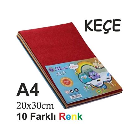 Masis A4 Keçe 10 Renk Keçe 2mm 10'lu Karışık Renk A4 20X30CM Keçe