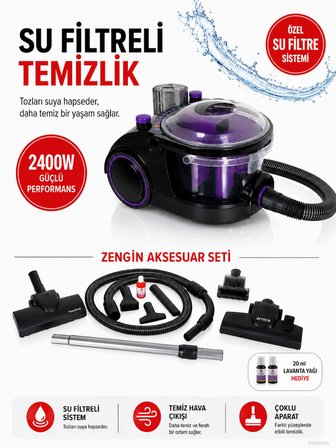 2400 W Güçlü Motorlu Su Filtreli Elektrikli Süpürge, HEPA 13 Filtre, Turbo ve Mini Turbo Fırça