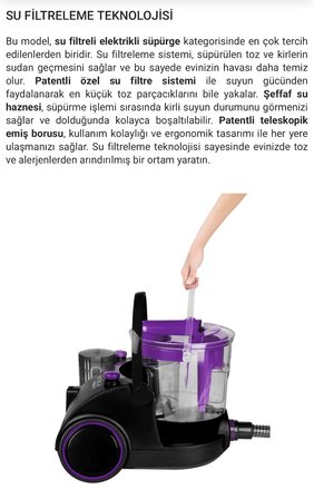 2400 W Güçlü Motorlu Su Filtreli Elektrikli Süpürge, HEPA 13 Filtre, Turbo ve Mini Turbo Fırça