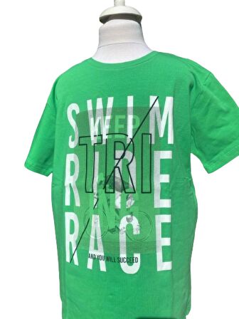 8 - 14 Yaş Erkek Çocuk T-Shirt Triathlon Baskılı Yeşil