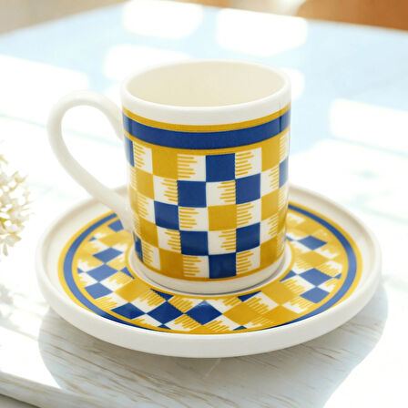 Sarı Lacivert Ekose Desenli 6 Kişilik Porselen Kahve Fincan Takımı