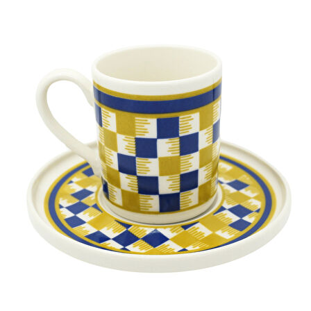 Sarı Lacivert Ekose Desenli 6 Kişilik Porselen Kahve Fincan Takımı