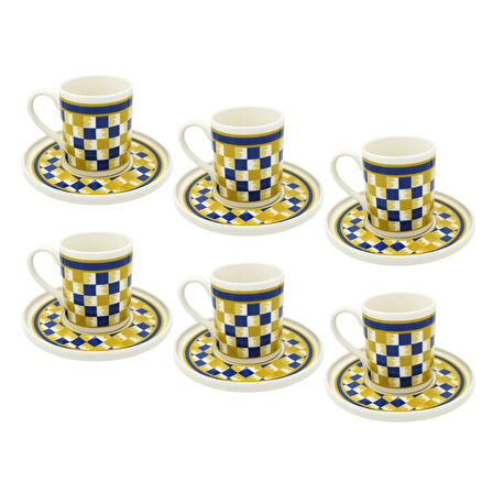 Sarı Lacivert Ekose Desenli 6 Kişilik Porselen Kahve Fincan Takımı
