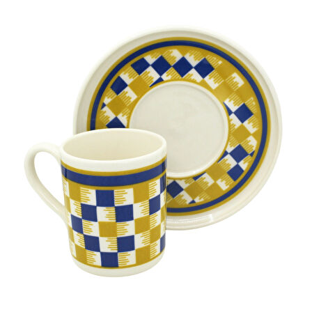 Sarı Lacivert Ekose Desenli 6 Kişilik Porselen Kahve Fincan Takımı