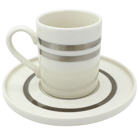 Çift Gümüş Çizgili 6 Kişilik Porselen Kahve Fincan Takımı