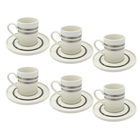 Çift Gümüş Çizgili 6 Kişilik Porselen Kahve Fincan Takımı