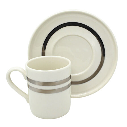 Çift Gümüş Çizgili 6 Kişilik Porselen Kahve Fincan Takımı